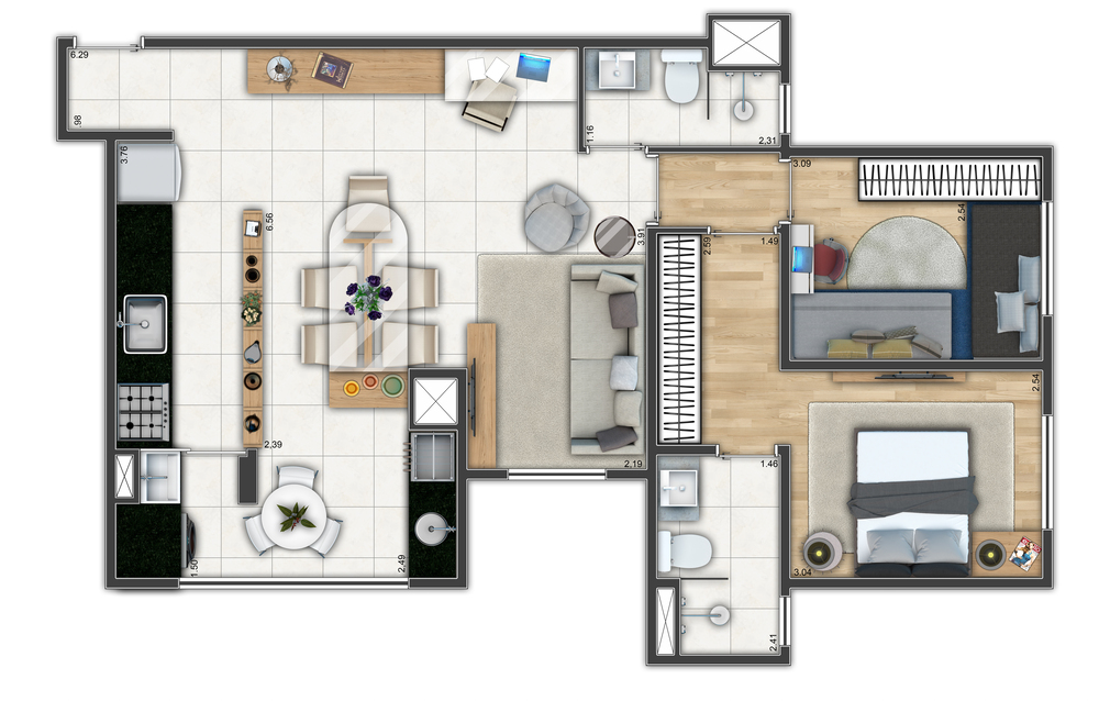 62,42m² - 2 Dormitórios c/ Suíte