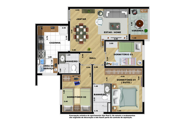 3 DORMITÓRIOS – 70m² (FINAIS 1, 2, 4 e 5)